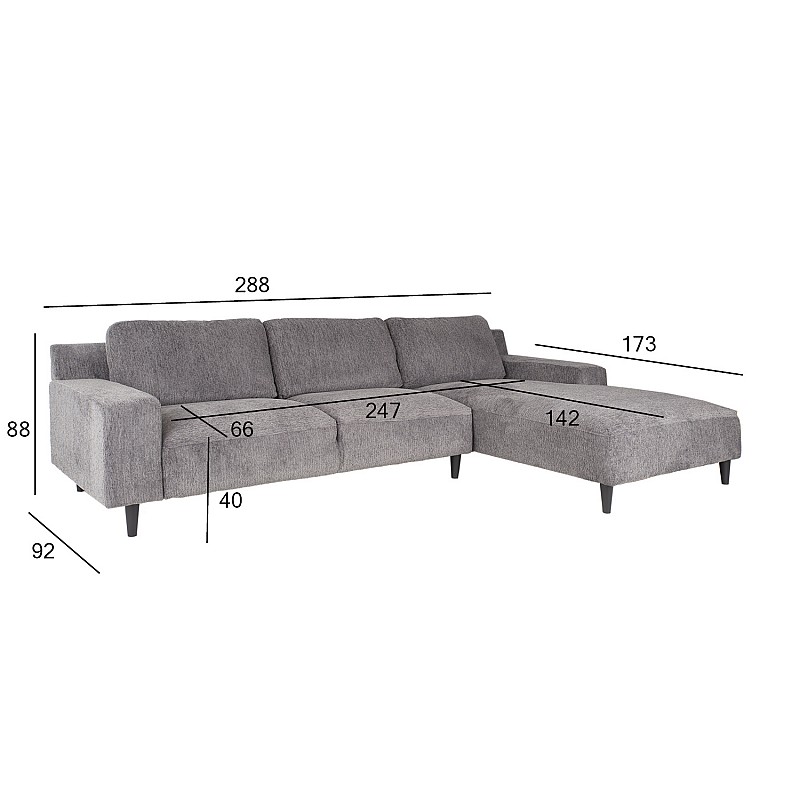Stūra dīvāns HILDE labais stūris 293,5x94/178xH89cm, materiāls: audums, krāsa: pelēks