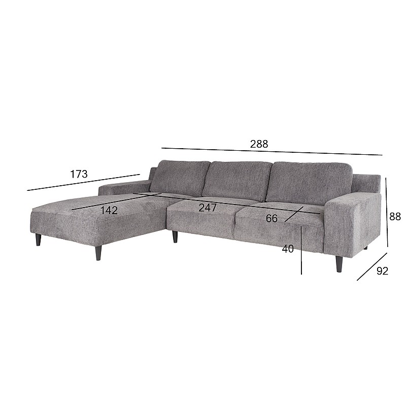 Stūra dīvāns HILDE kreisais stūris 288x173/92xH88cm, materiāls: audums, krāsa: pelēks