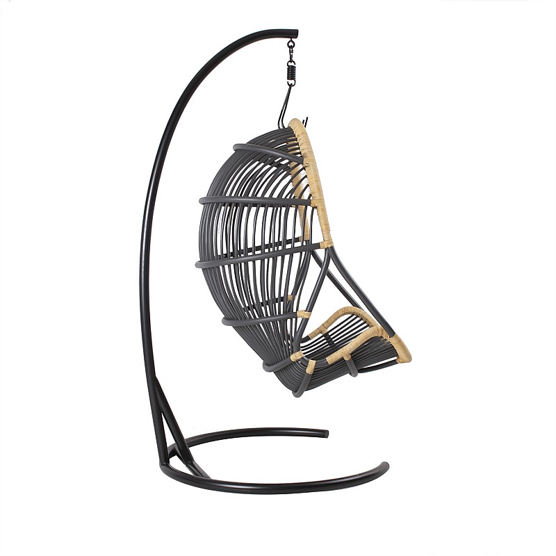 Šūpuļkrēsls TIGER 110x110xH200cm, tumši pelēks rotangpalmas ar vieglu pītu, melna metāla kāju