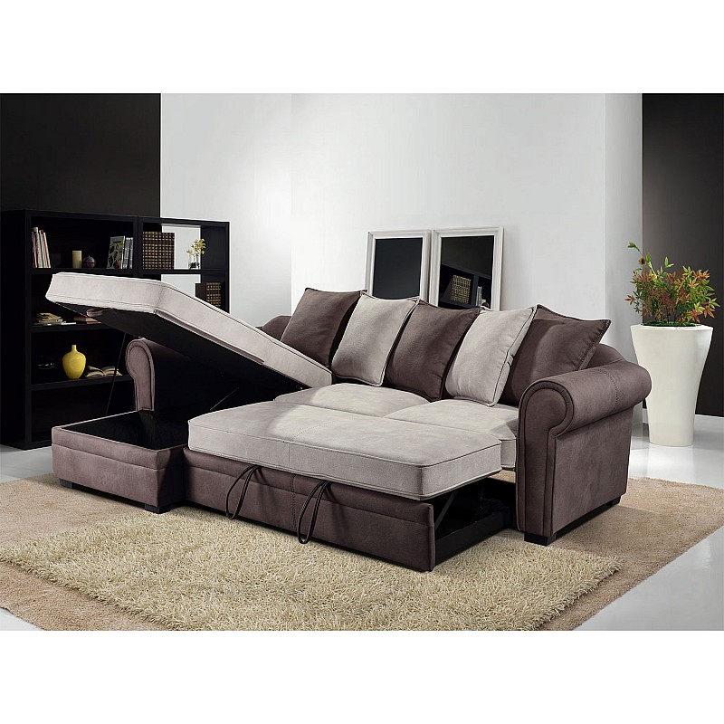 Stūra dīvāns gulta LUCREZIA 284x90/170xH90cm, kreisais stūris, krāsa: brūns/ bēšs